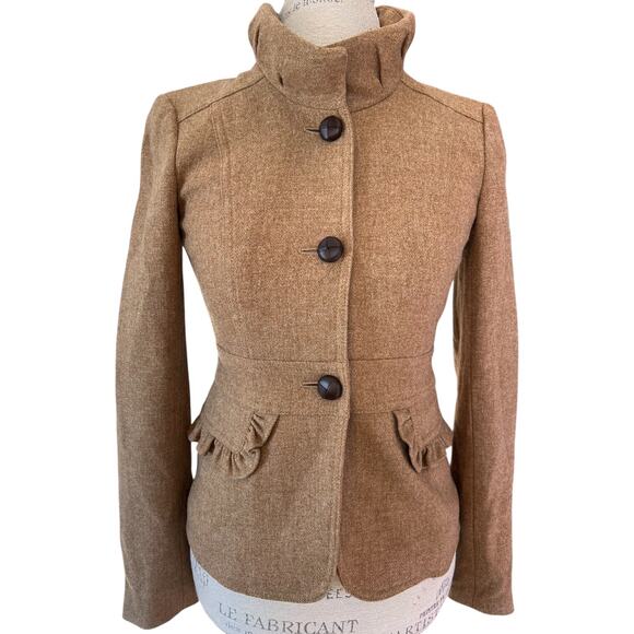 J.Crew Brown Wool Blend Tailored Jacket | Women’s Size 2 | Ruffle Pocket Detail - Picture 2 of 10